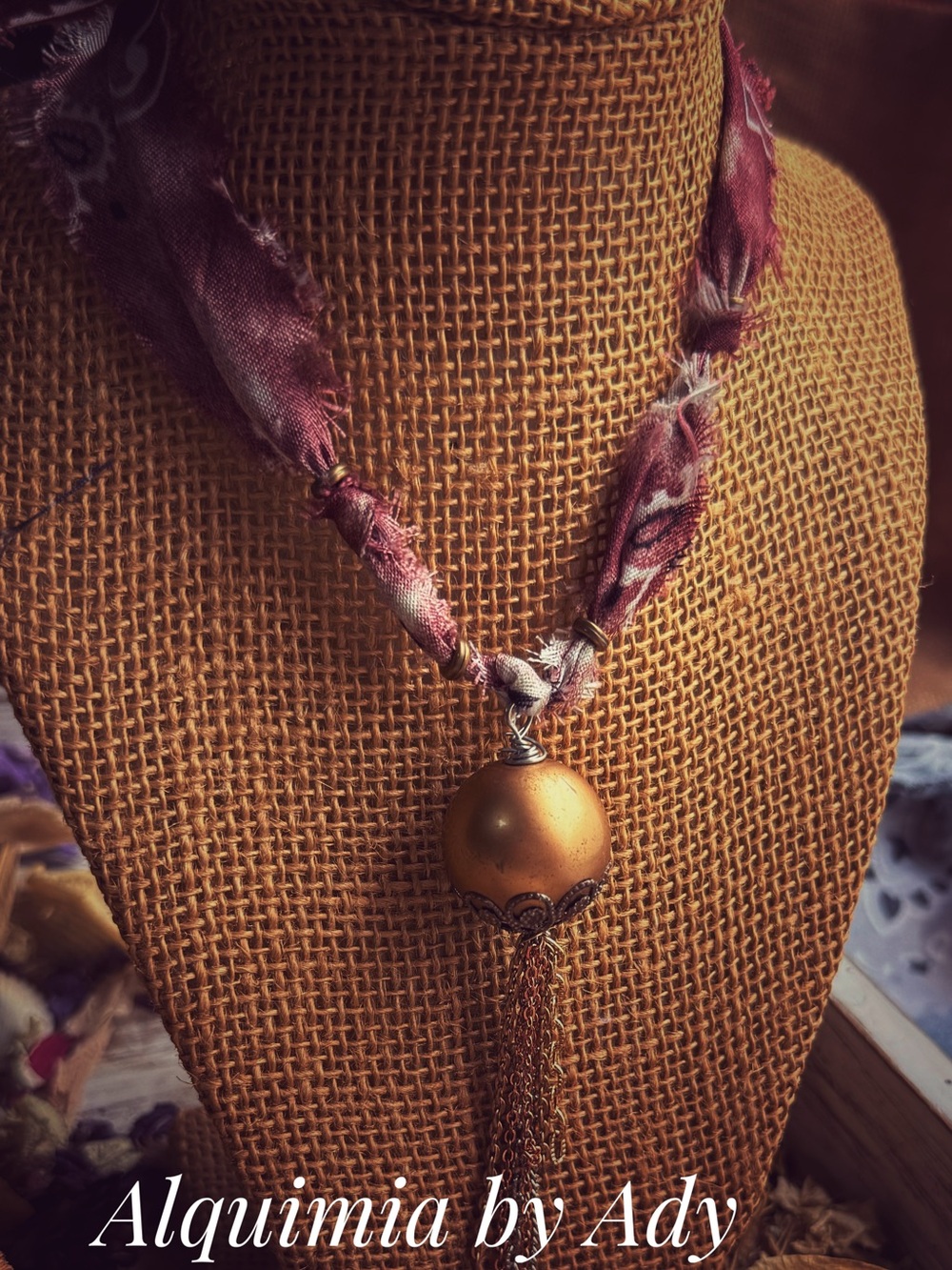 Sculptural Gold Orb Pendant tassels Necklace with Maroon Fabric Cord